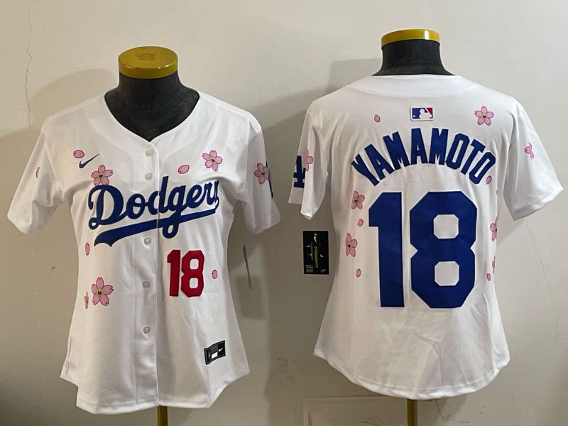 Women Nike 2026 Los Angeles Dodgers #18 Yamamoto White Sakura Edition Game MLB Jersey 01->women mlb jersey->Women Jersey